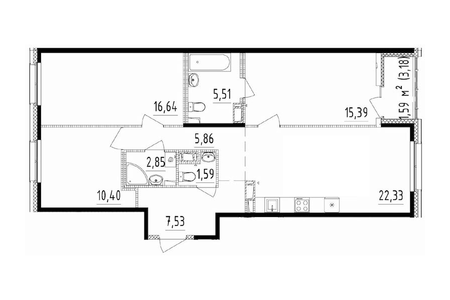 3-комнатная квартира 88 м², 11/12 эт., ЖК «Чёрная речка»